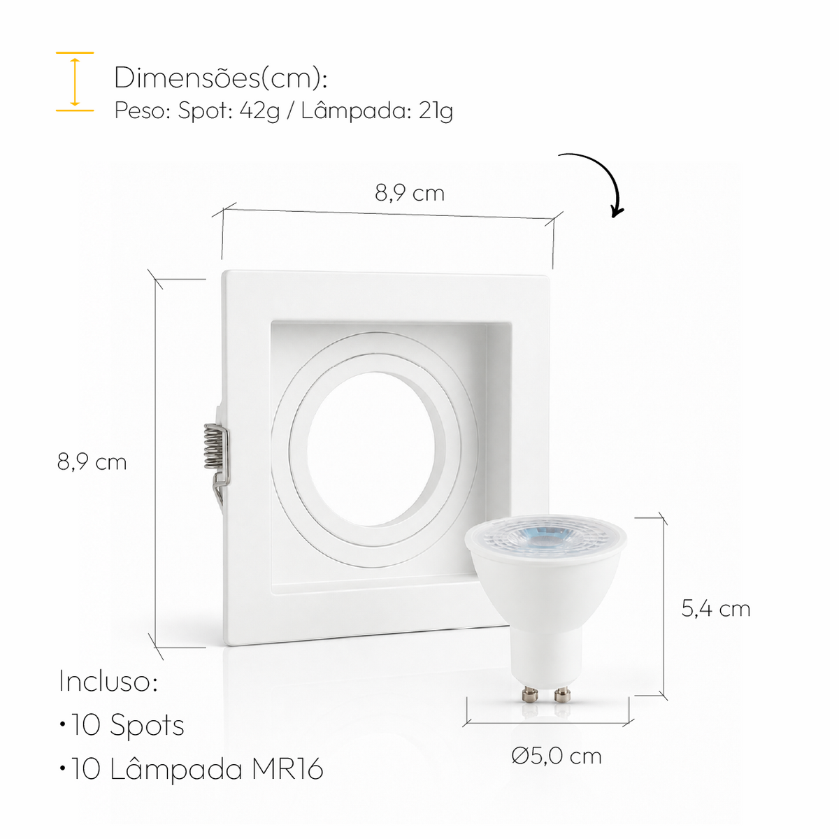 Kit 10 Spot Recuado Quadrado + Lampada Led Dicróica MR16 4,8w 4000k Branco Neutro GU10 Branco Alut - ALUT