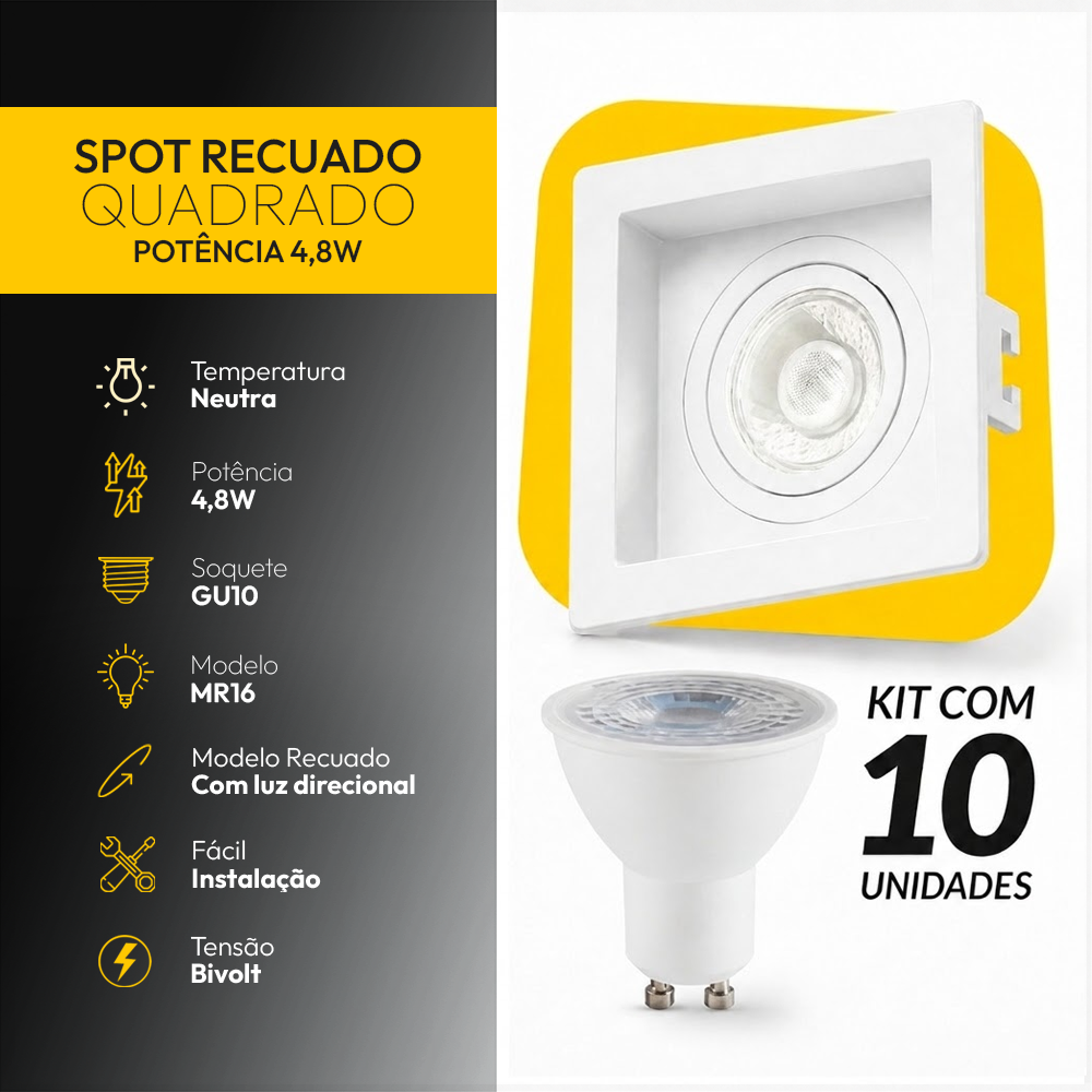 Kit 10 Spot Recuado Quadrado + Lampada Led Dicróica MR16 4,8w 4000k Branco Neutro GU10 Branco Alut - ALUT