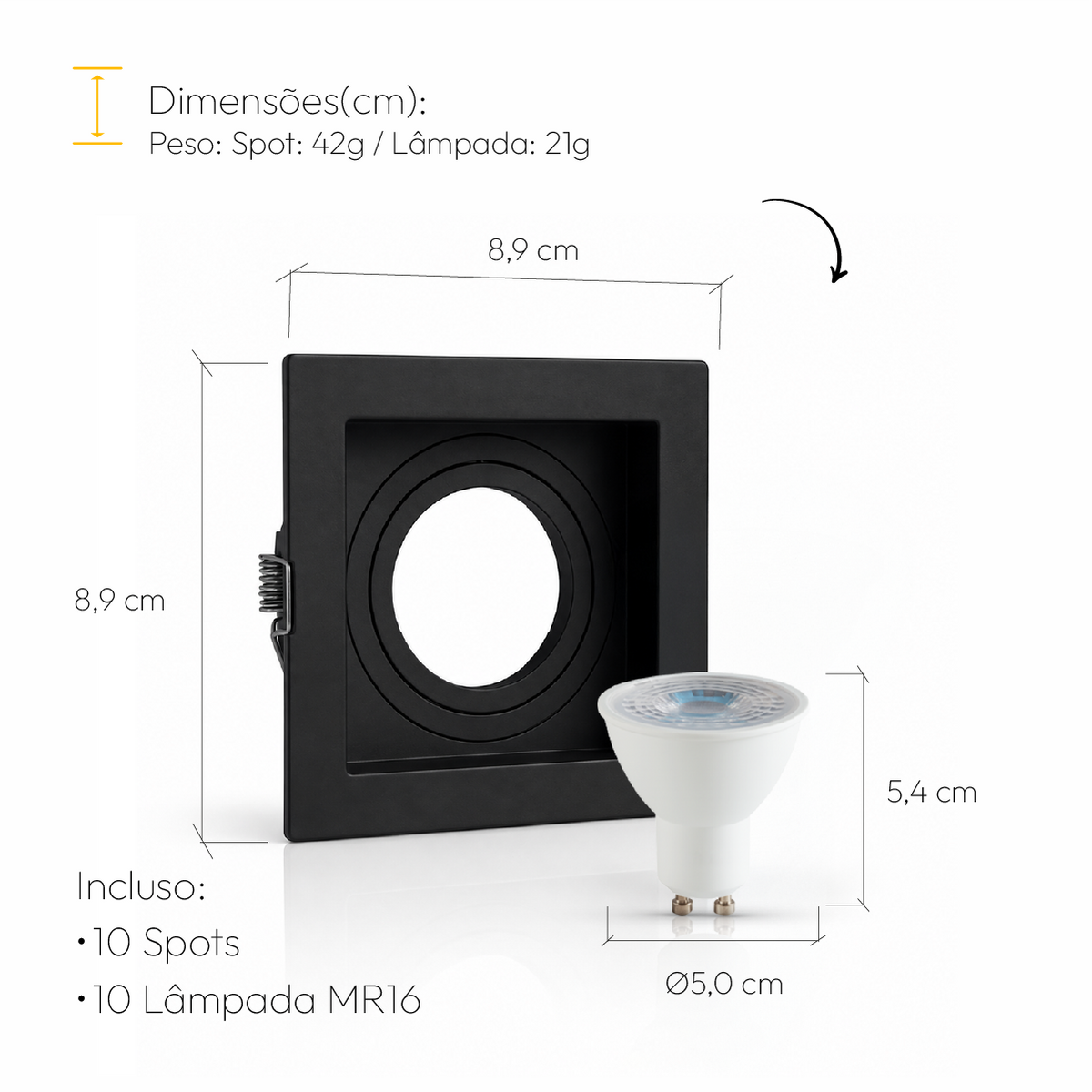 Kit 10 Spot Recuado Quadrado + Lâmpada Led Dicróica MR16 4,8w 6500k Branco Frio GU10 Preto Alut - ALUT