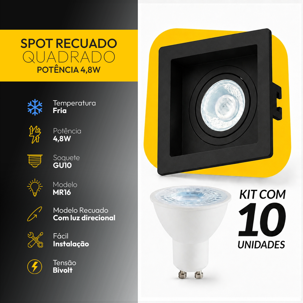 Kit 10 Spot Recuado Quadrado + Lâmpada Led Dicróica MR16 4,8w 6500k Branco Frio GU10 Preto Alut - ALUT