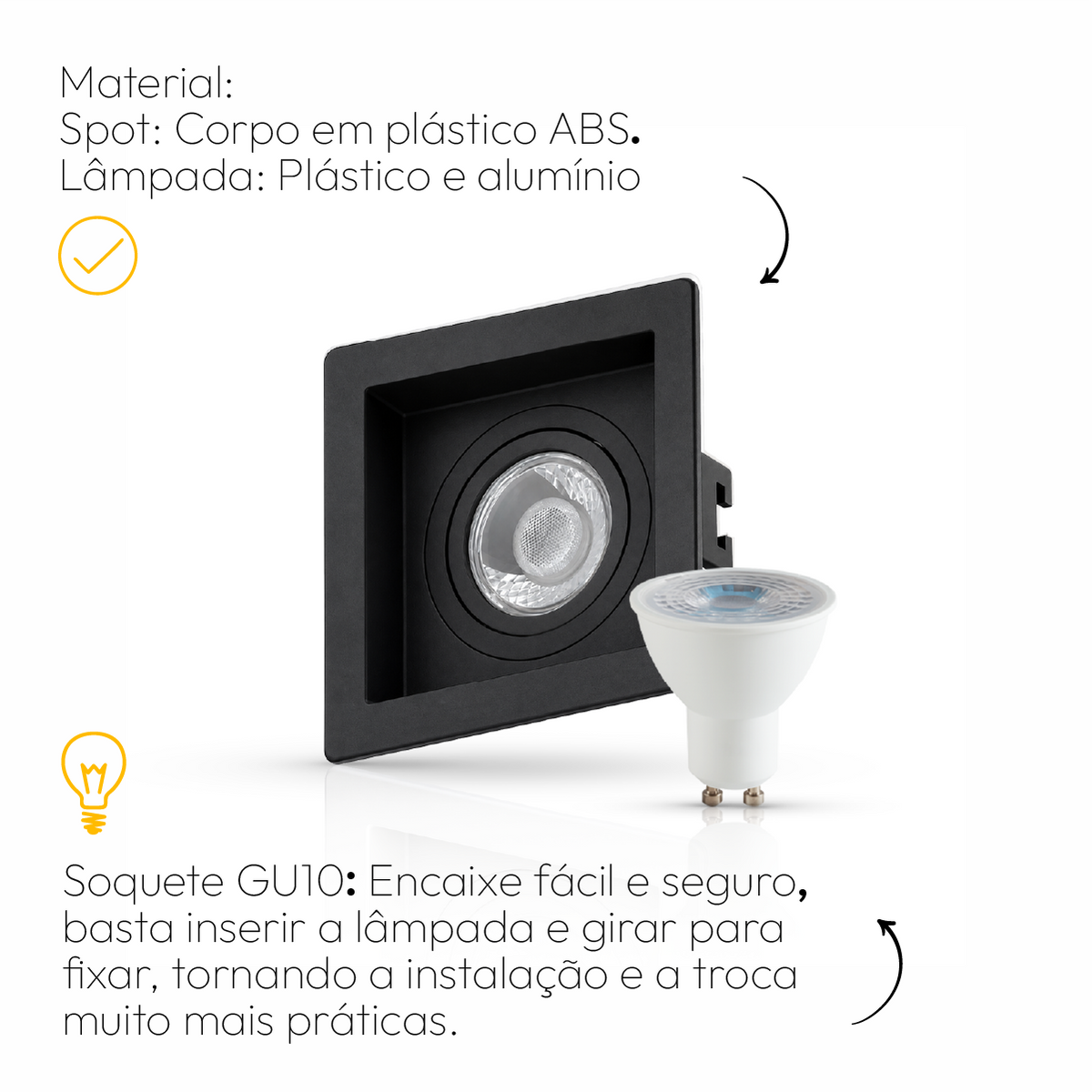 Kit 10 Spot Recuado Quadrado + Lâmpada Led Dicróica MR16 4,8w 6500k Branco Frio GU10 Preto Alut - ALUT