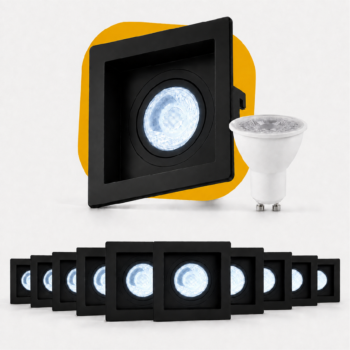 Kit 10 Spot Recuado Quadrado + Lâmpada Led Dicróica MR16 4,8w 6500k Branco Frio GU10 Preto Alut - ALUT