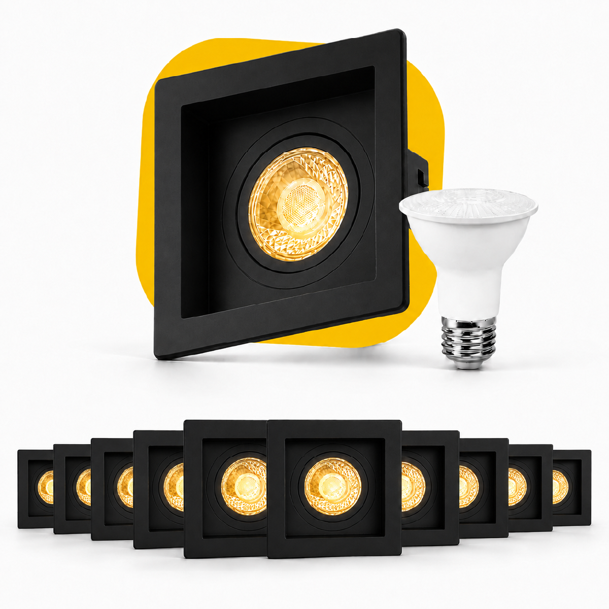 Kit 10 Spot Recuado Quadrado + Lampada Led Par20 7w 3000k Branco Quente E27 Preto Alut - ALUT