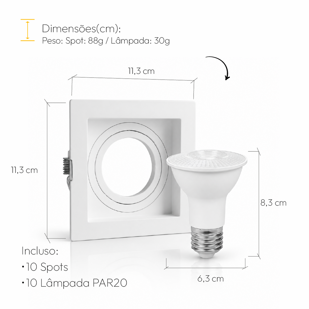 Kit 10 Spot Recuado Quadrado + Lampada Led Par20 7w 4000k Branco Neutro E27 Branco Alut - ALUT
