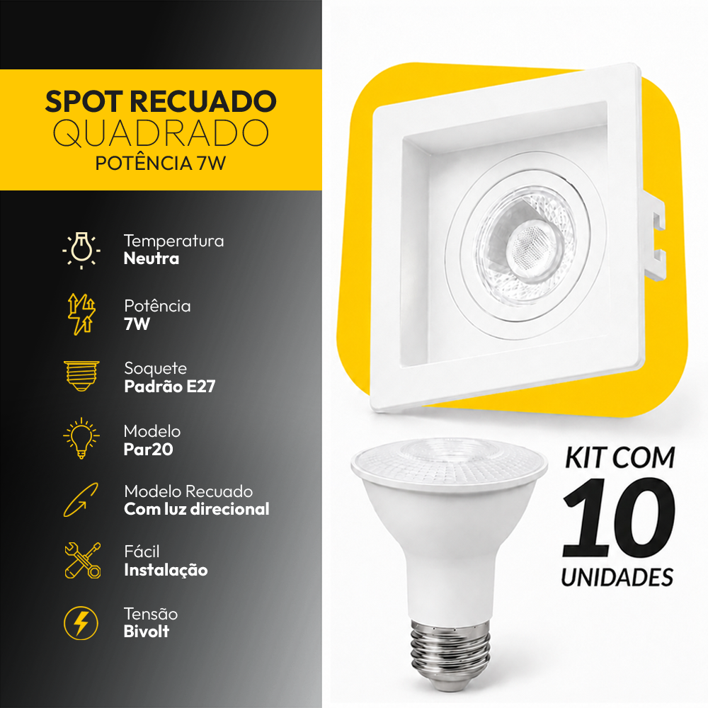 Kit 10 Spot Recuado Quadrado + Lampada Led Par20 7w 4000k Branco Neutro E27 Branco Alut - ALUT