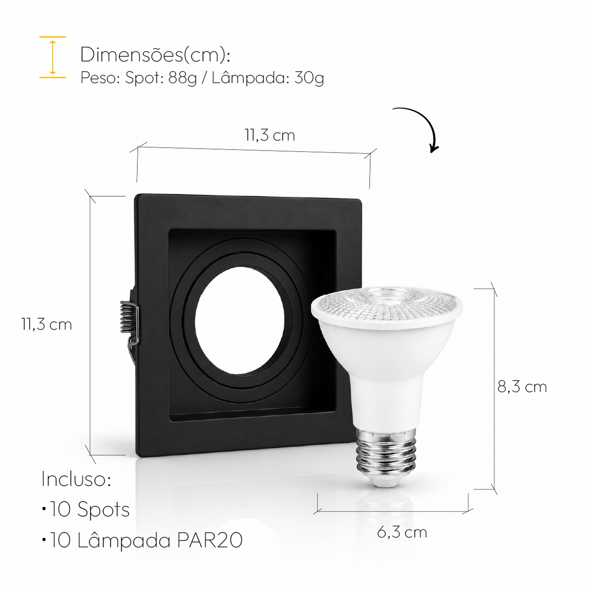 Kit 10 Spot Recuado Quadrado + Lampada Led Par20 7w 4000k Branco Neutro E27 Preto Alut - ALUT
