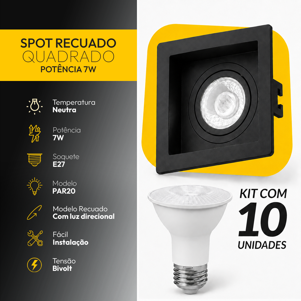 Kit 10 Spot Recuado Quadrado + Lampada Led Par20 7w 4000k Branco Neutro E27 Preto Alut - ALUT