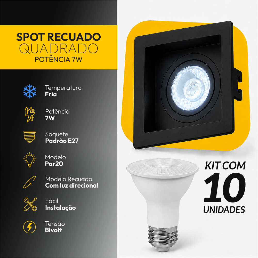 Kit 10 Spot Recuado Quadrado + Lampada Led Par20 7w 6500k Branco Frio E27 Preto Alut - ALUT