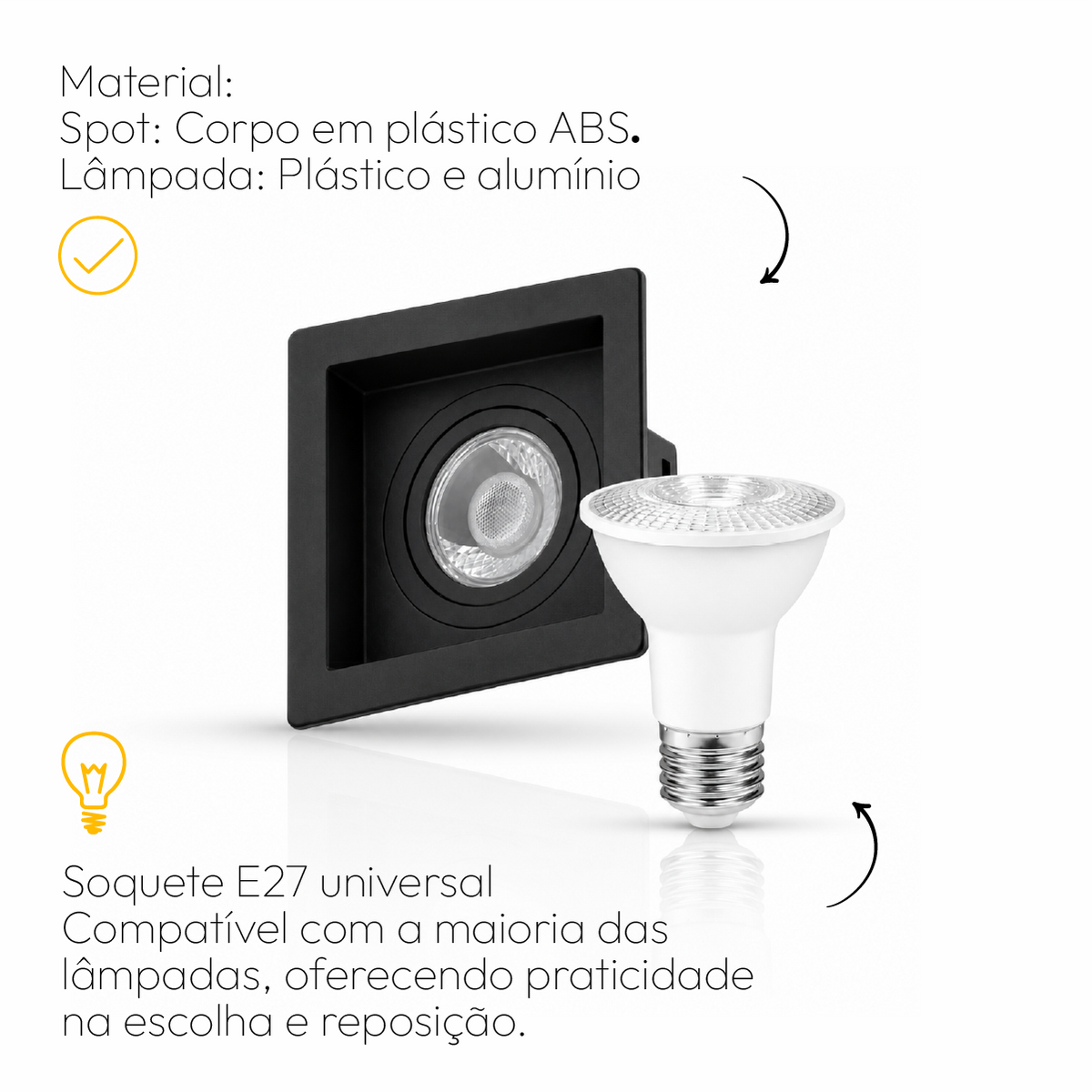 Kit 10 Spot Recuado Quadrado + Lampada Led Par20 7w 6500k Branco Frio E27 Preto Alut - ALUT
