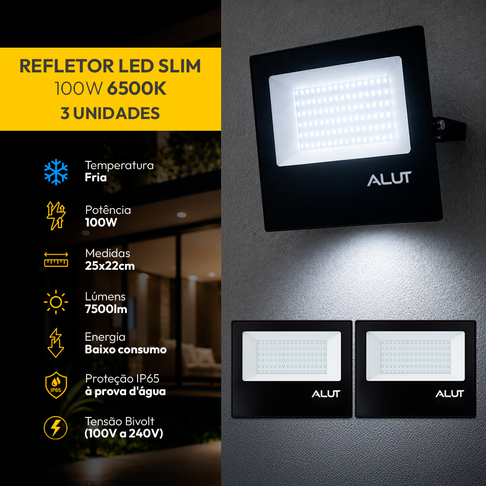 Kit 3 Refletor Led 100w 6500k Branco Frio Bivolt a prova d'água Alut - ALUT