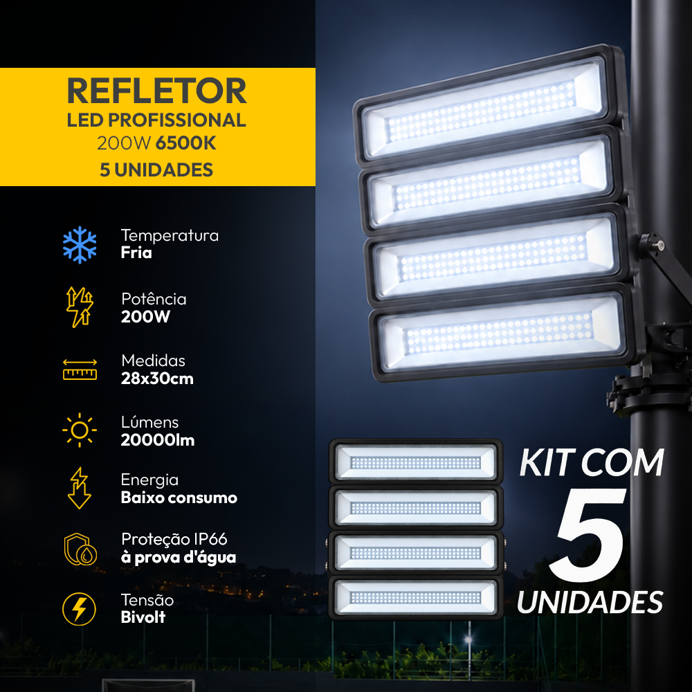 Kit 5 Refletor Led Profissional 200w 6500k Branco Frio Bivolt Ip66 a prova d'água Preto Alut - ALUT