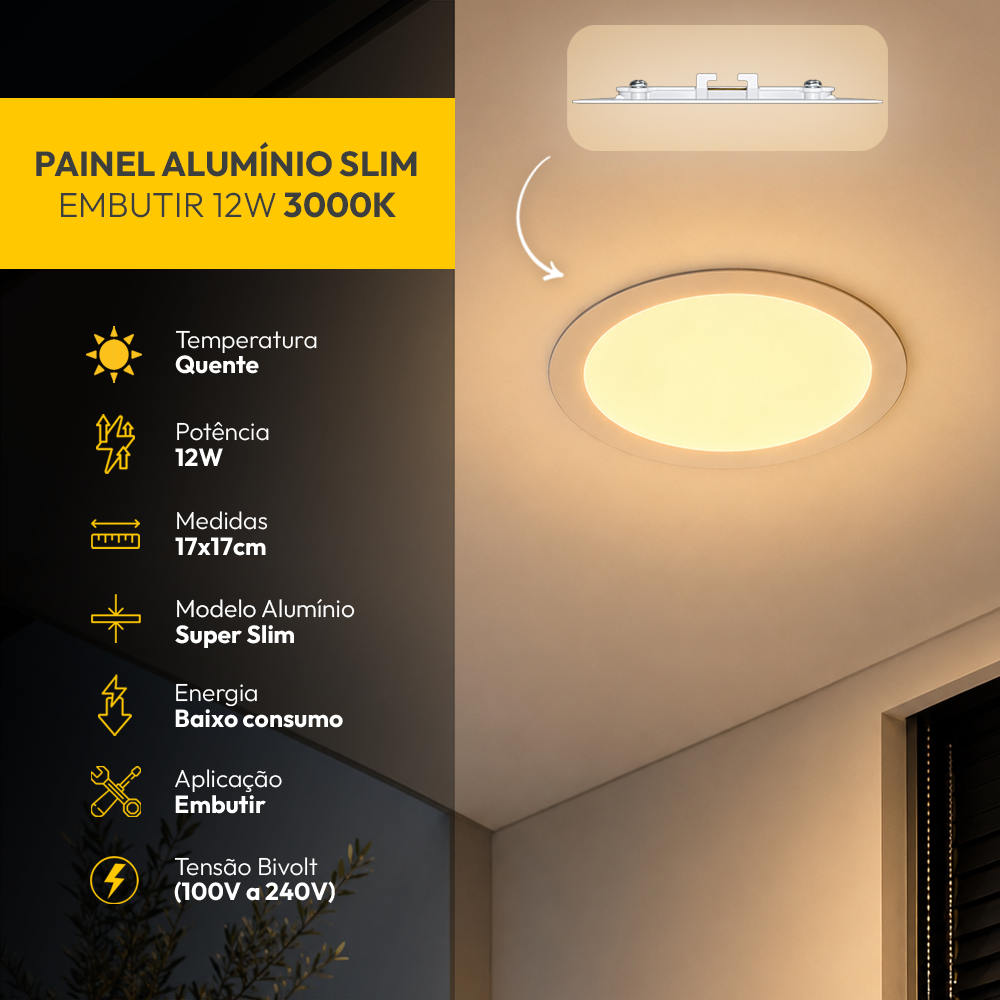 Painel Led Plafon Aluminio Embutir 12w 3000k Branco Quente 17cm Redondo Alut By Avant - ALUT