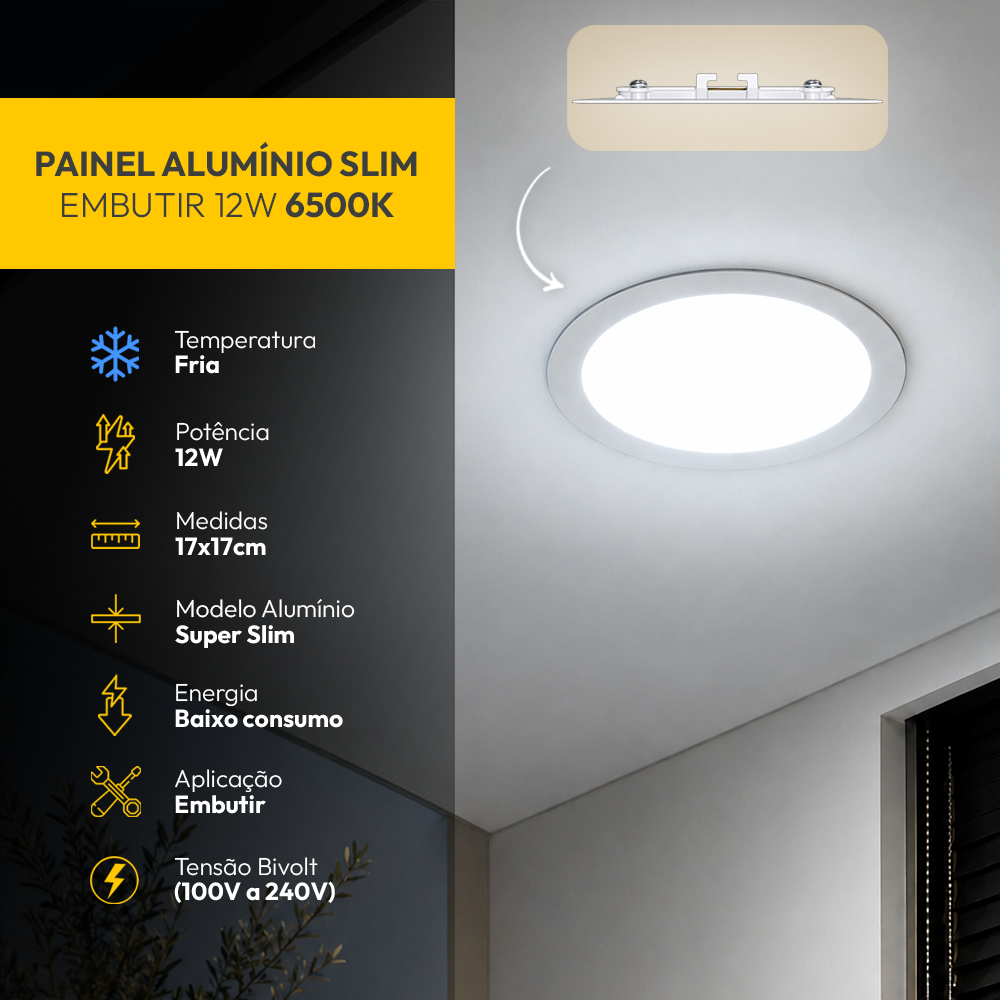Painel Led Plafon Aluminio Embutir 12w 6500K Branco Frio 17cm Redondo Alut - ALUT