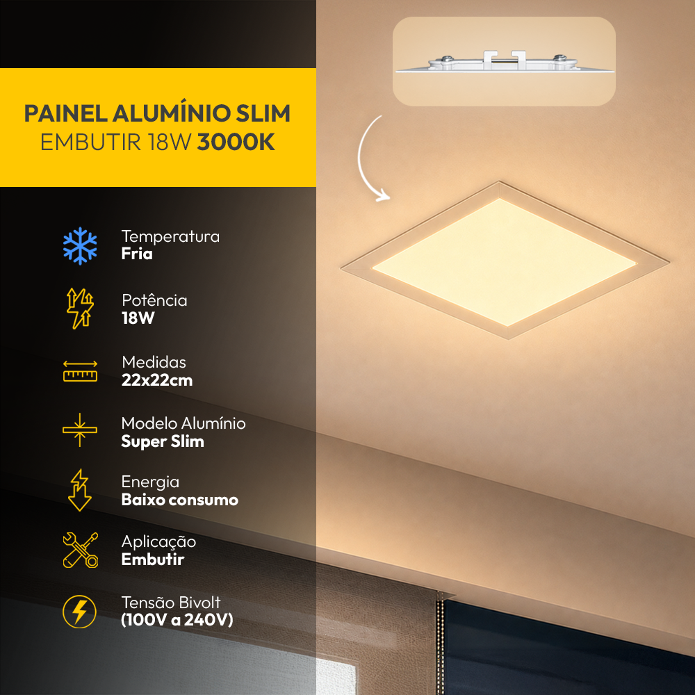 Painel Led Plafon Aluminio Embutir 18w 3000k Branco Quente 22x22 Quadrado Alut - ALUT