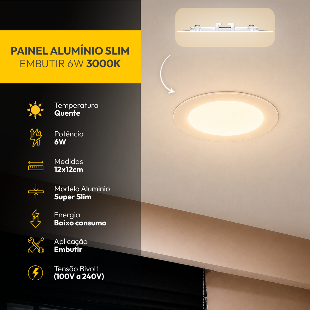 Painel Led Plafon Aluminio Embutir 6w 3000k Branco Quente 12cm Redondo Alut By Avant - ALUT