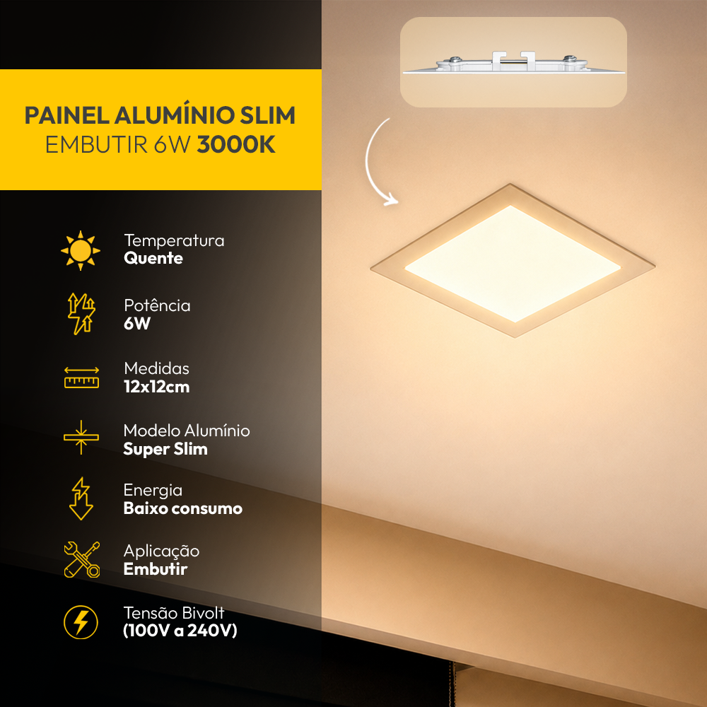 Painel Led Plafon Alumínio Embutir 6w 3000k Branco Quente 12x12Cm Quadrado Alut By Avant - ALUT