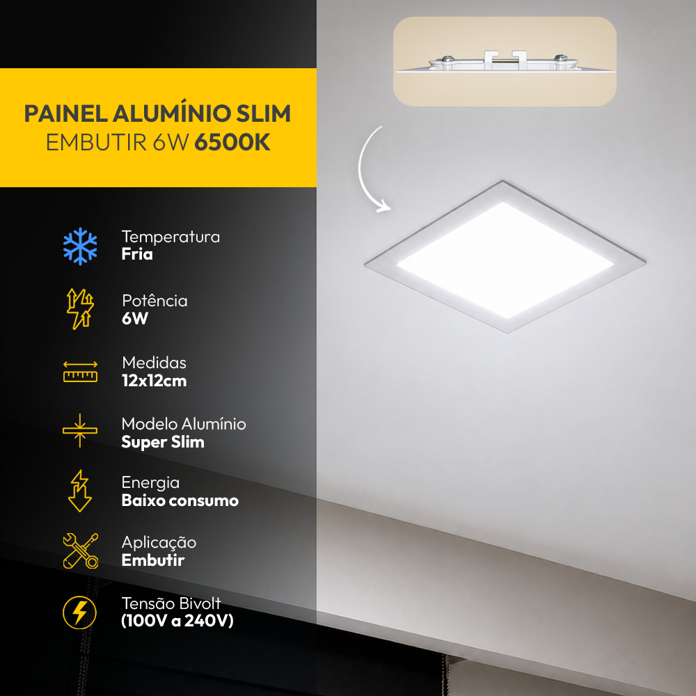 Painel Led Plafon Aluminio Embutir 6w 6500K Branco Frio 12x12Cm Quadrado Alut By Avant - ALUT