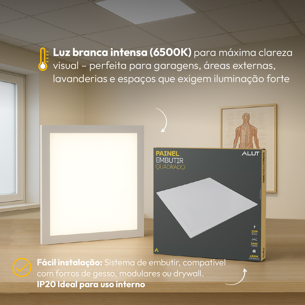 Painel Led Plafon Easy 25w 6500k Branco Frio Embutir Quadrado Alut - ALUT