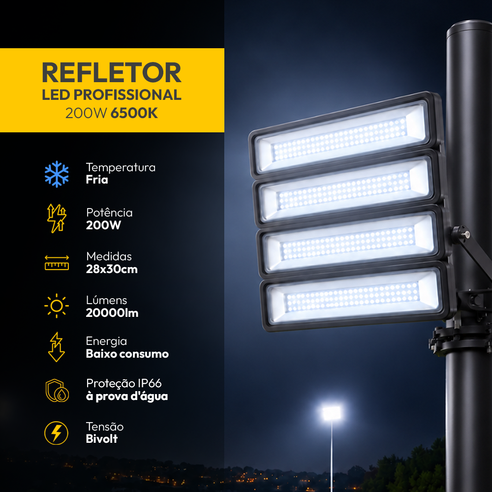 Refletor Led Profissional 200w 6500k Branco Frio Bivolt Ip66 a prova d'água Preto Alut - ALUT