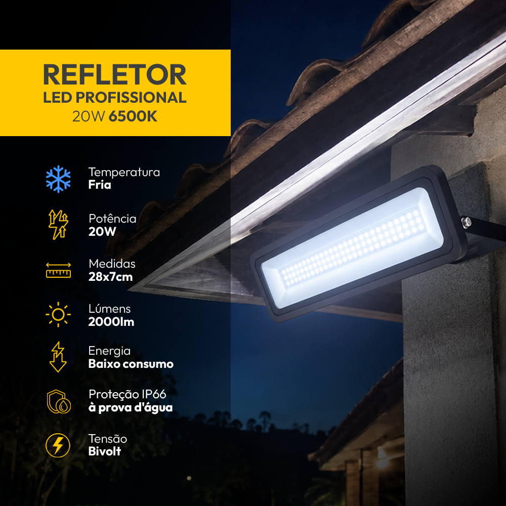 Refletor Led Profissional 20w 6500k Branco Frio Bivolt Ip66 a prova d'água Preto Alut - ALUT