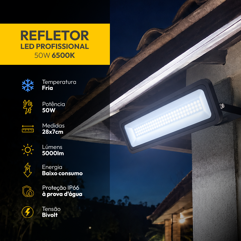 Refletor Led Profissional 50w 6500k Branco Frio Bivolt Ip66 a prova d'água Preto Alut - ALUT