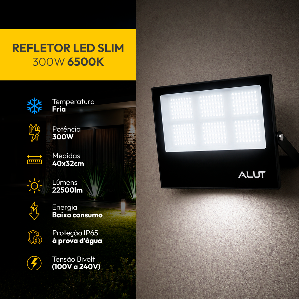 Refletor Led Slim 300w 6500k Branco Frio Bivolt IP65 Alut - ALUT